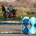 Francie Steinwedell-Carvin sails high over a sky blue jump with Lapsus du Lavoir