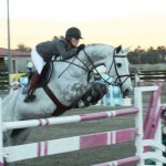 Meredith Michaels-Beerbaum and her grey gelding Malou clear a pink striped jump.